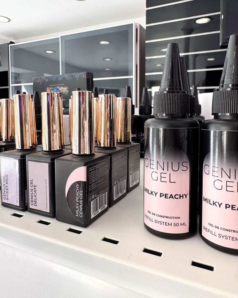 Genius Gel de construction OA Nails Milky Peachy Refill 50ml et Delicate - showroom Icône Academy Le Havre